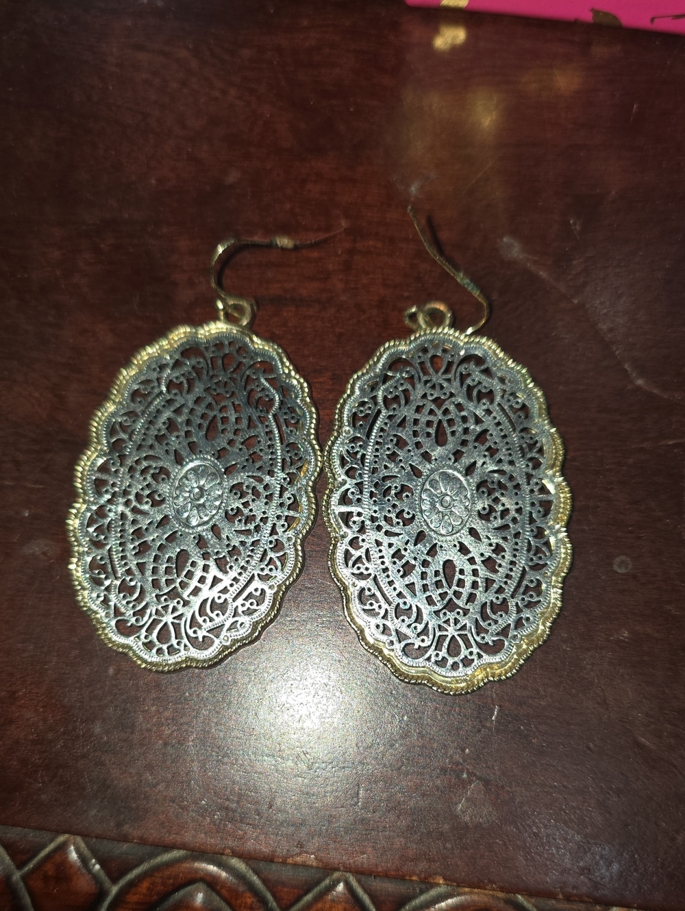 Filigree Oval Drop Earrings in Two-Tone Silver and Gold